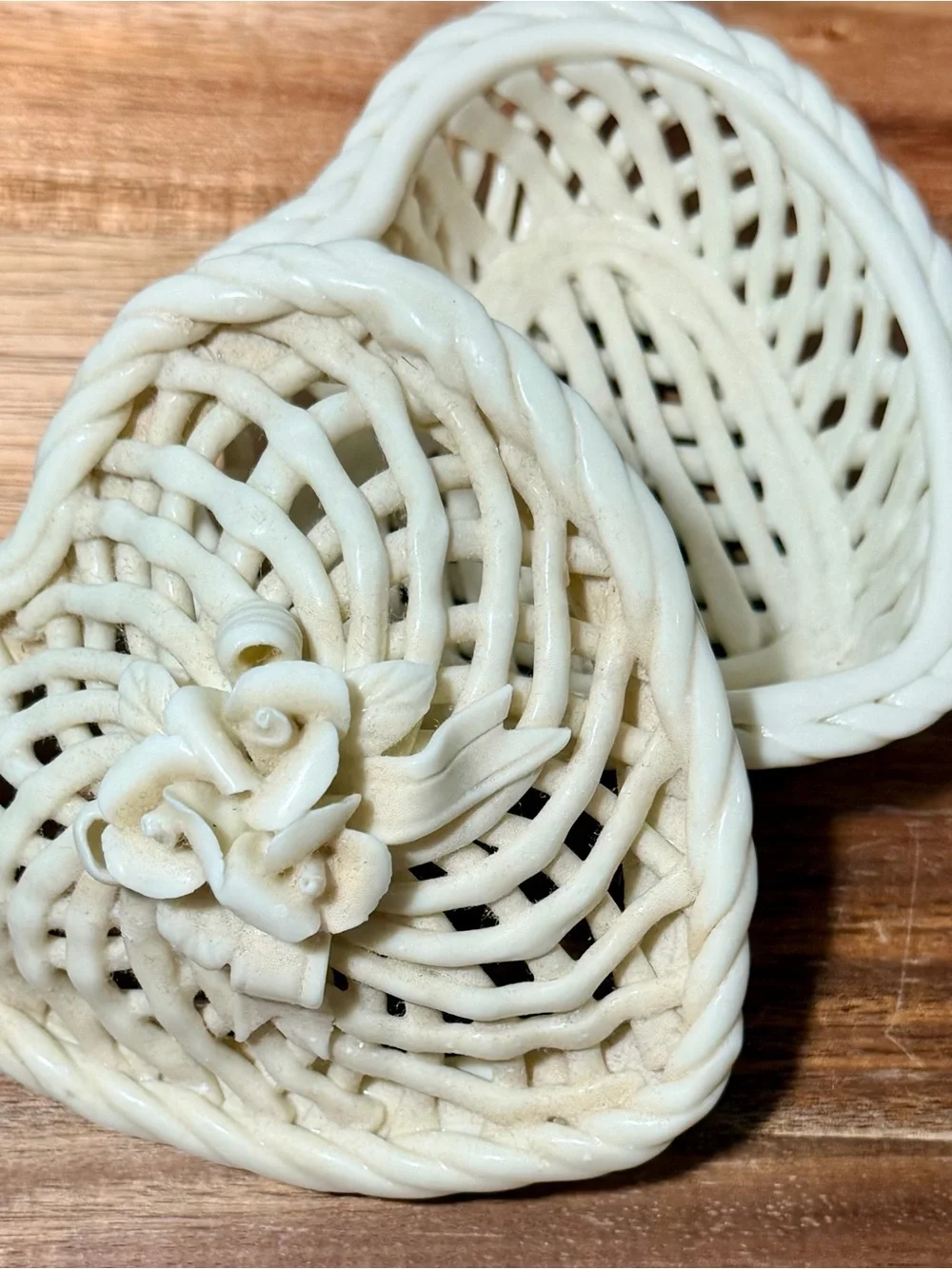 Vintage Ivory Lattice Heart shaped Ceramic Trinket Basket